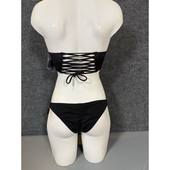Rare Victoria Secret Bikini Set Black Lace Up Top & cheeky Bottoms Swimwear M - Picture 2 of 8